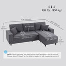 Gray sectional sofa with measurements on a light gray background