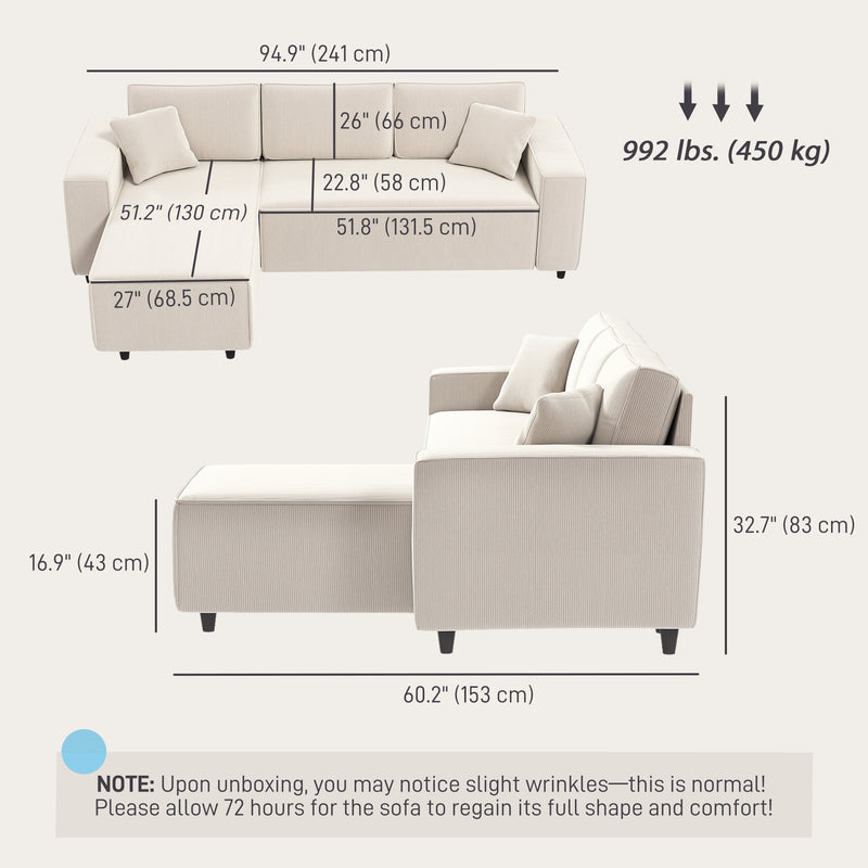 Measurement chart of a beige sectional sofa with dimensions and weight information.