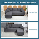 Gray sectional sofa with 'Changeable Chaise Lounge' text, shown from left and right angles.