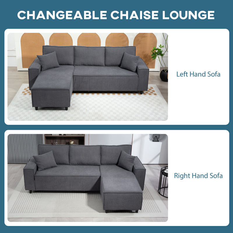 Gray sectional sofa with 'Changeable Chaise Lounge' text, shown from left and right angles.