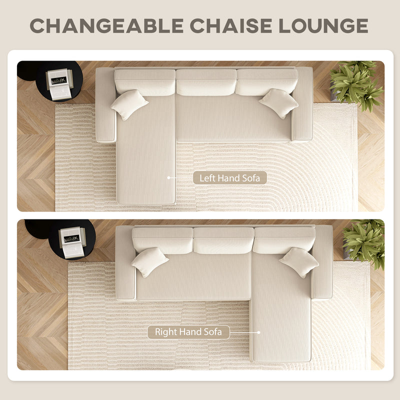 Two views of a chaise lounge sofa with interchangeable left and right hand options.