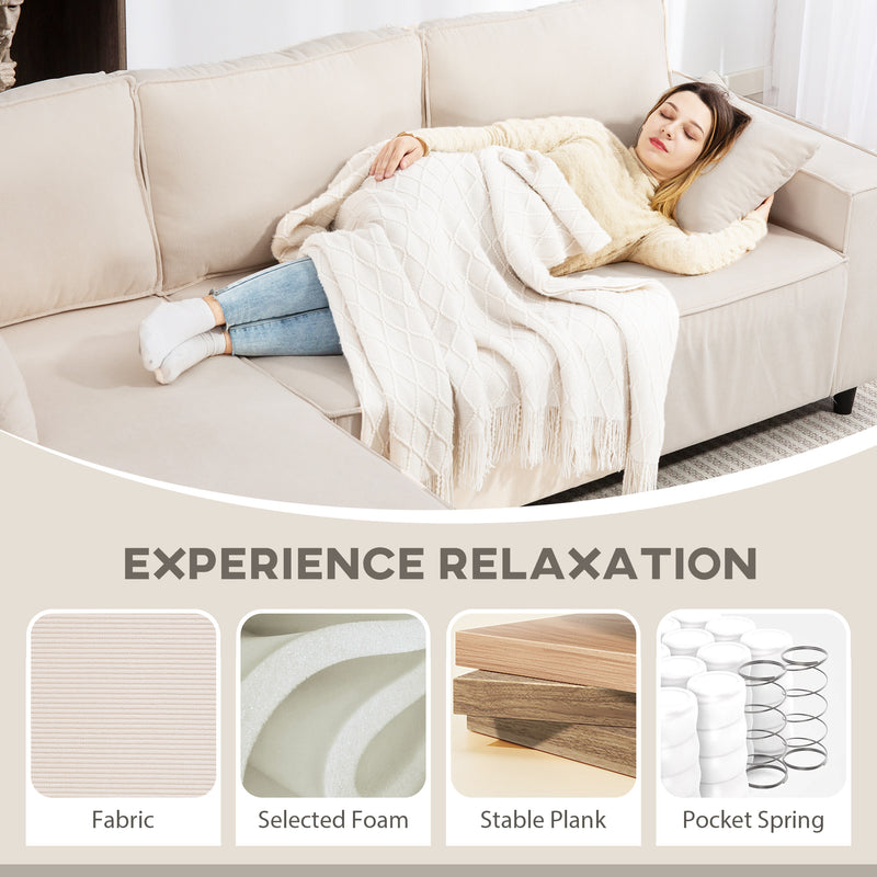 Woman lying on a couch with a blanket, surrounded by text and images of product features.