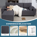Woman lying on a gray sectional sofa with text 'Experience Relaxation' and product features.
