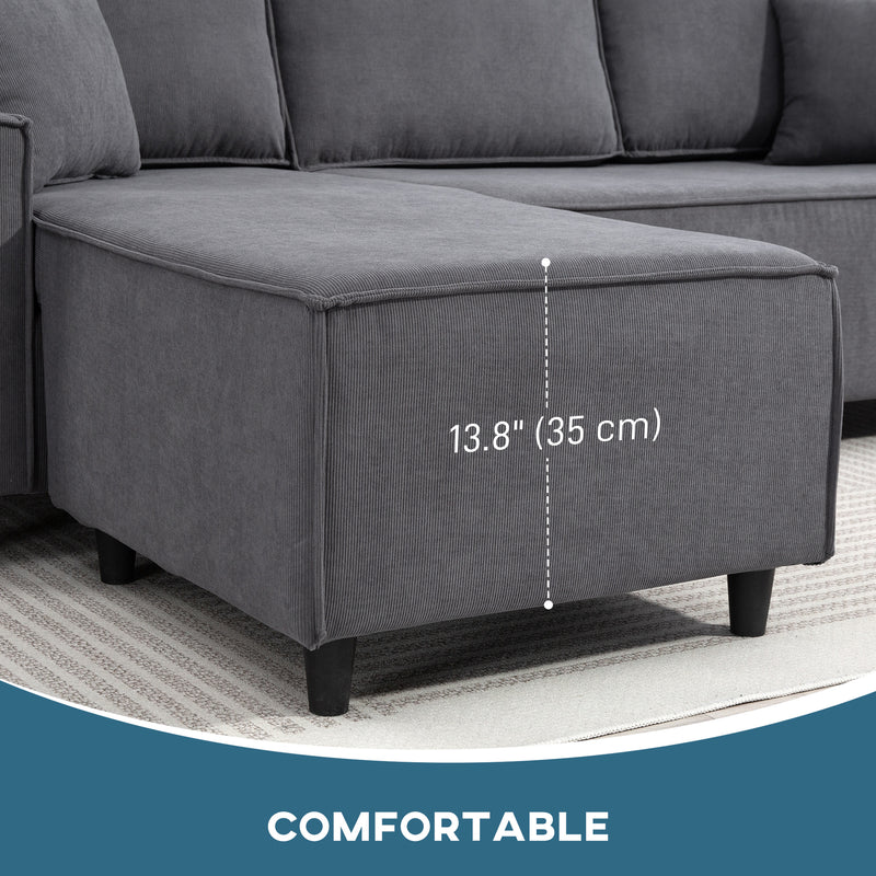 Gray sectional sofa with a measurement label indicating 13.8 inches (35 cm) on a textured surface.
