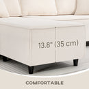 Beige sofa with measurement text indicating a height of 13.8 inches (35 cm) and 'COMFORTABLE' label.