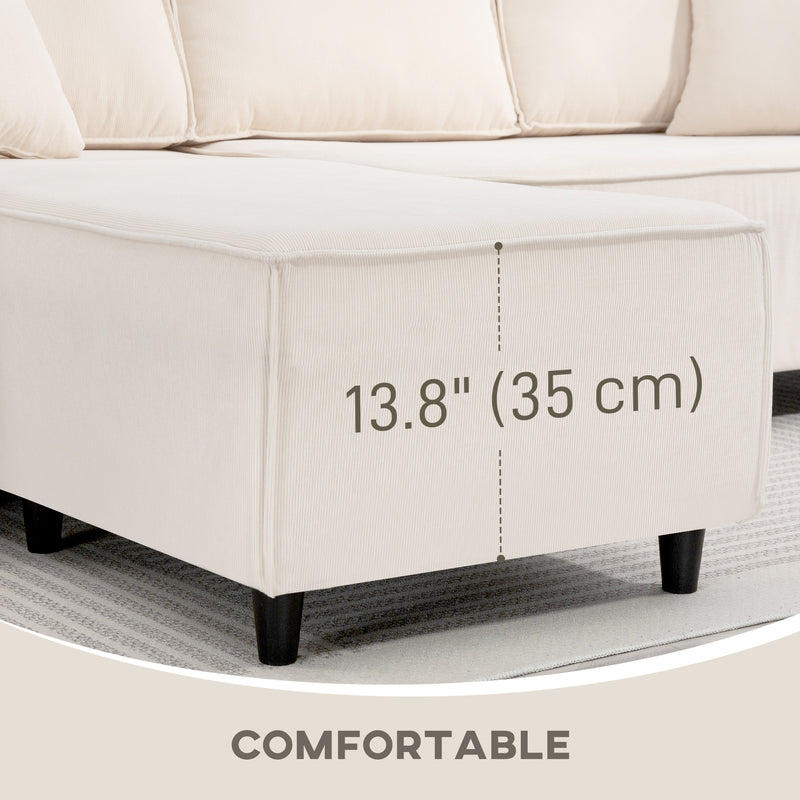 Beige sofa with measurement text indicating a height of 13.8 inches (35 cm) and 'COMFORTABLE' label.