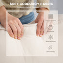 Person holding soft corduroy fabric with text and icons about fabric properties.