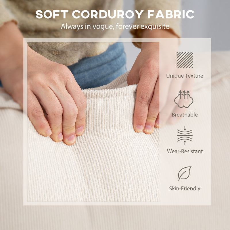 Person holding soft corduroy fabric with text and icons about fabric properties.