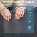 Person holding soft corduroy fabric with text and icons about fabric properties.
