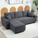 Gray sectional sofa in a living room setting with decorative elements.