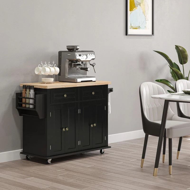 Wynette Rolling Kitchen Island Cart with Cupboard Storage - Black