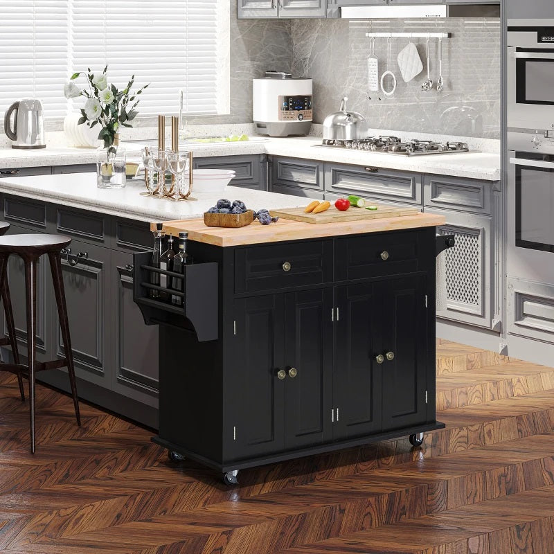 Wynette Rolling Kitchen Island Cart with Cupboard Storage - Black