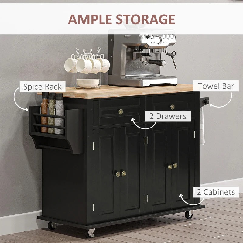 Wynette Rolling Kitchen Island Cart with Cupboard Storage - Black