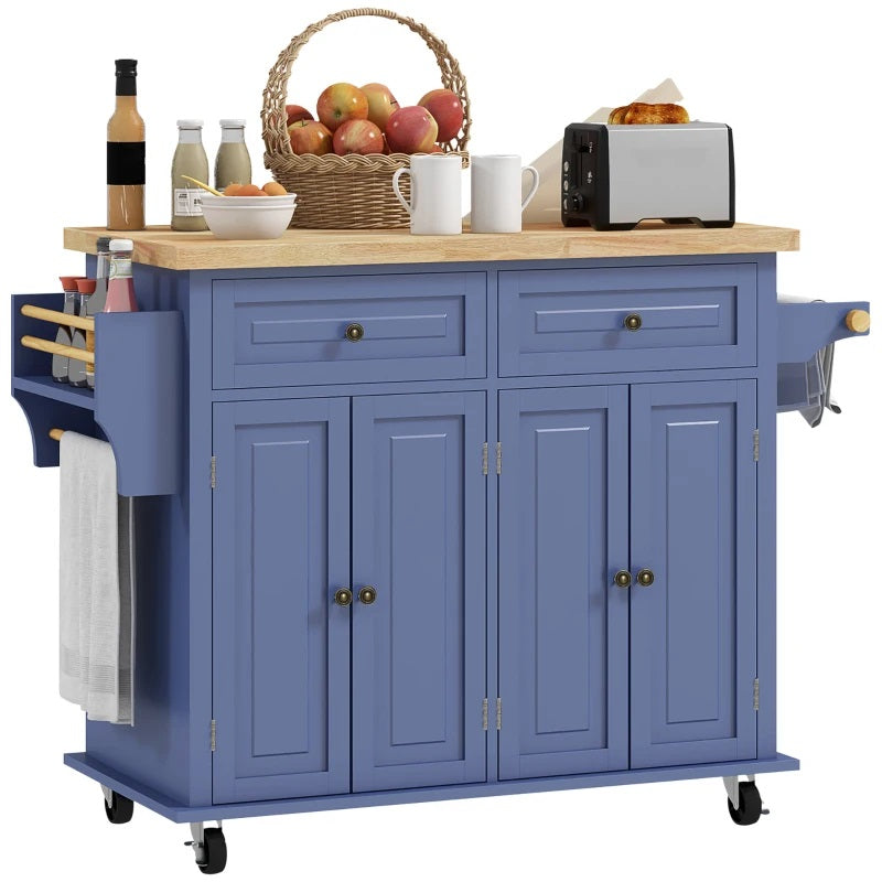 Wynette Rolling Kitchen Island Cart with Cupboard Storage - Blue