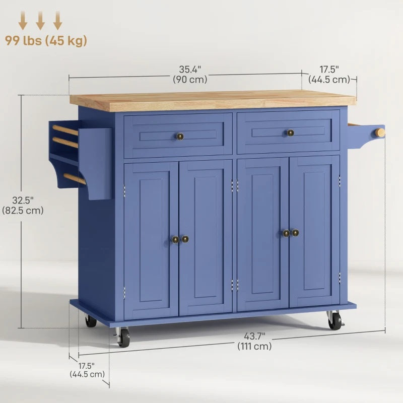 Wynette Rolling Kitchen Island Cart with Cupboard Storage - Blue