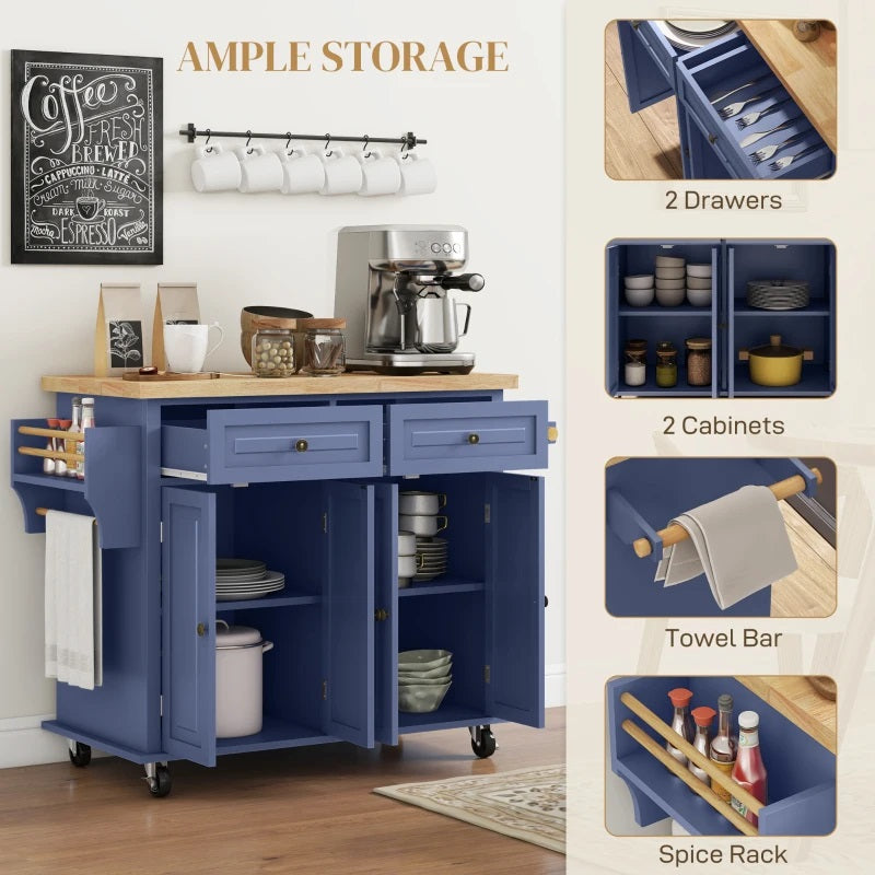 Wynette Rolling Kitchen Island Cart with Cupboard Storage - Blue