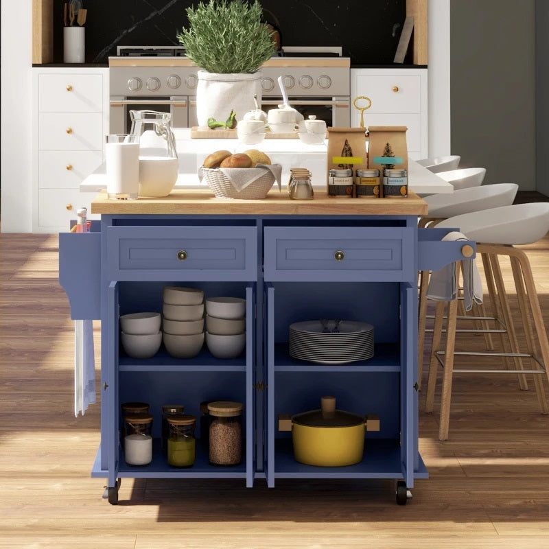 Wynette Rolling Kitchen Island Cart with Cupboard Storage - Blue