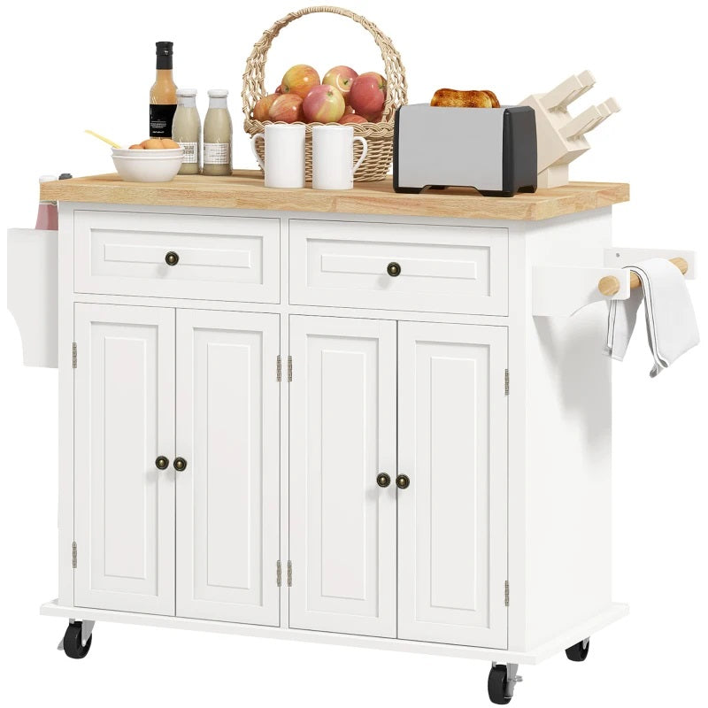 Wynette Rolling Kitchen Island Cart with Cupboard Storage - Cream White