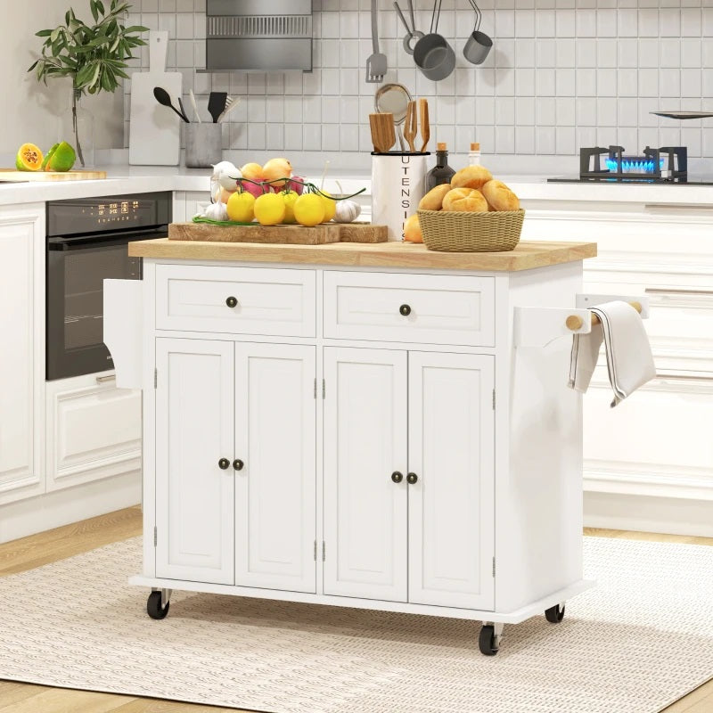 Wynette Rolling Kitchen Island Cart with Cupboard Storage - Cream White