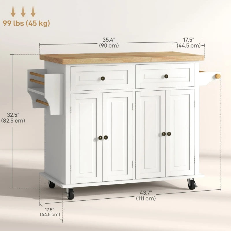 Wynette Rolling Kitchen Island Cart with Cupboard Storage - Cream White