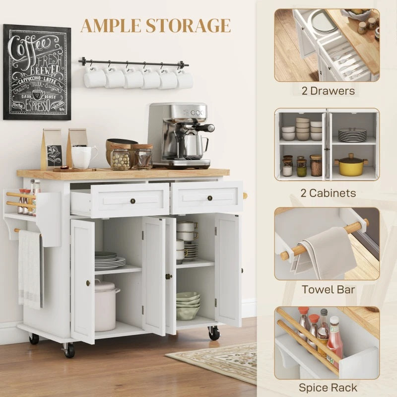 Wynette Rolling Kitchen Island Cart with Cupboard Storage - Cream White