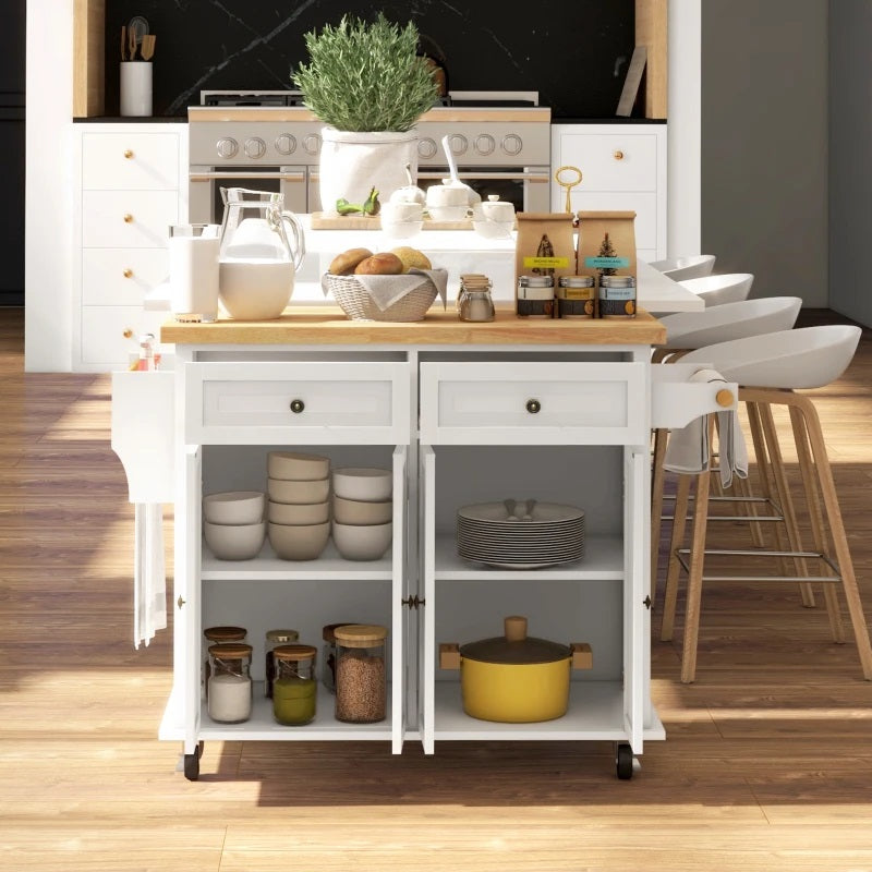 Wynette Rolling Kitchen Island Cart with Cupboard Storage - Cream White