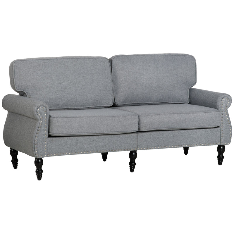 Gray traditional sofa with 2 seats apartment sized 66 inches wide with wooden legs on a white background