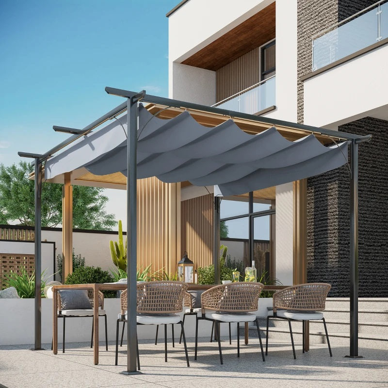 Yuri 10' x 10' Outdoor Pergola with Sliding Retractable Sun Canopy - Grey