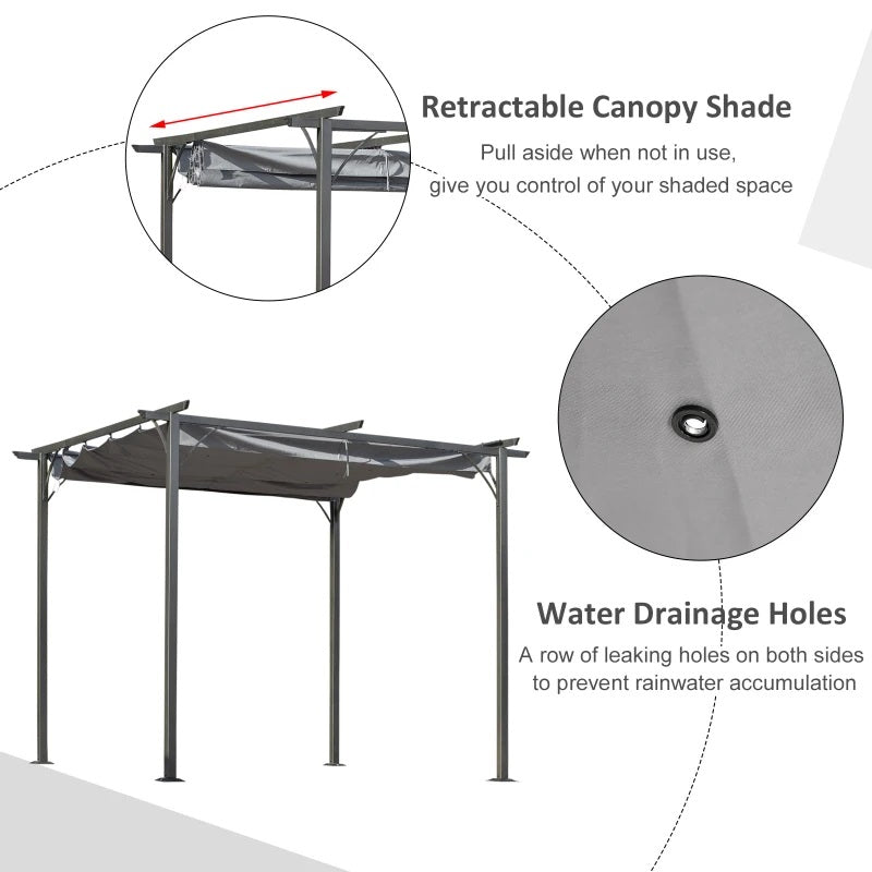 Yuri 10' x 10' Outdoor Pergola with Sliding Retractable Sun Canopy - Grey