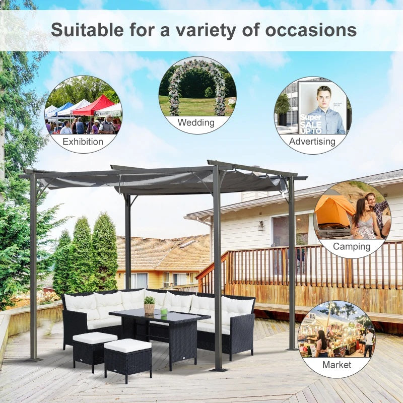 Yuri 10' x 10' Outdoor Pergola with Sliding Retractable Sun Canopy - Grey