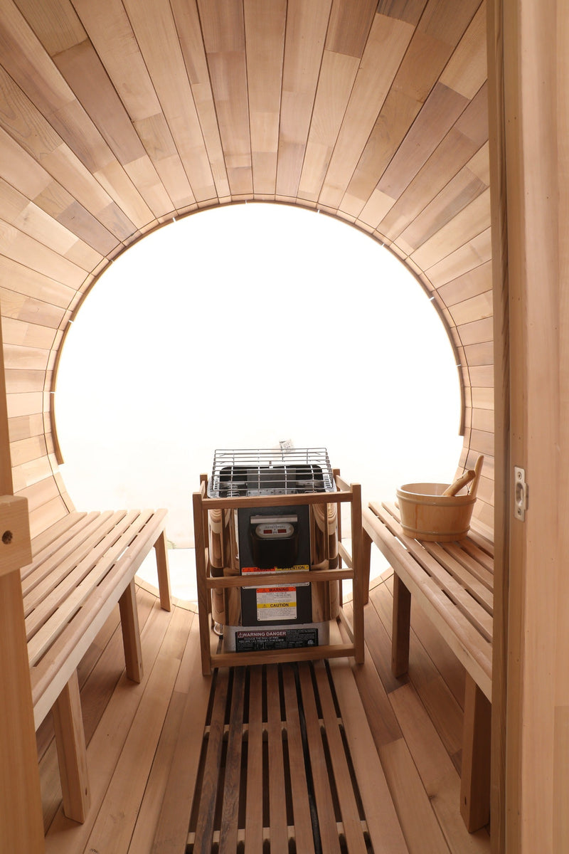 Blisspod, Prague, Canadian Red Cedar Outdoor Steam Barrel Sauna, 2-4 / 4-6 persons with Full Glass Back & 2 front Porch seats