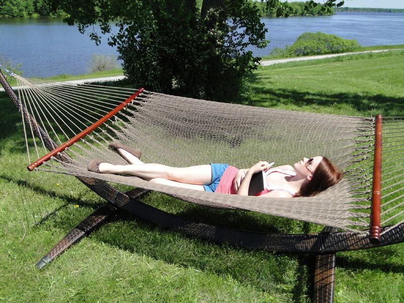 Deluxe Polyester Rope Hammock with Wicker Stand