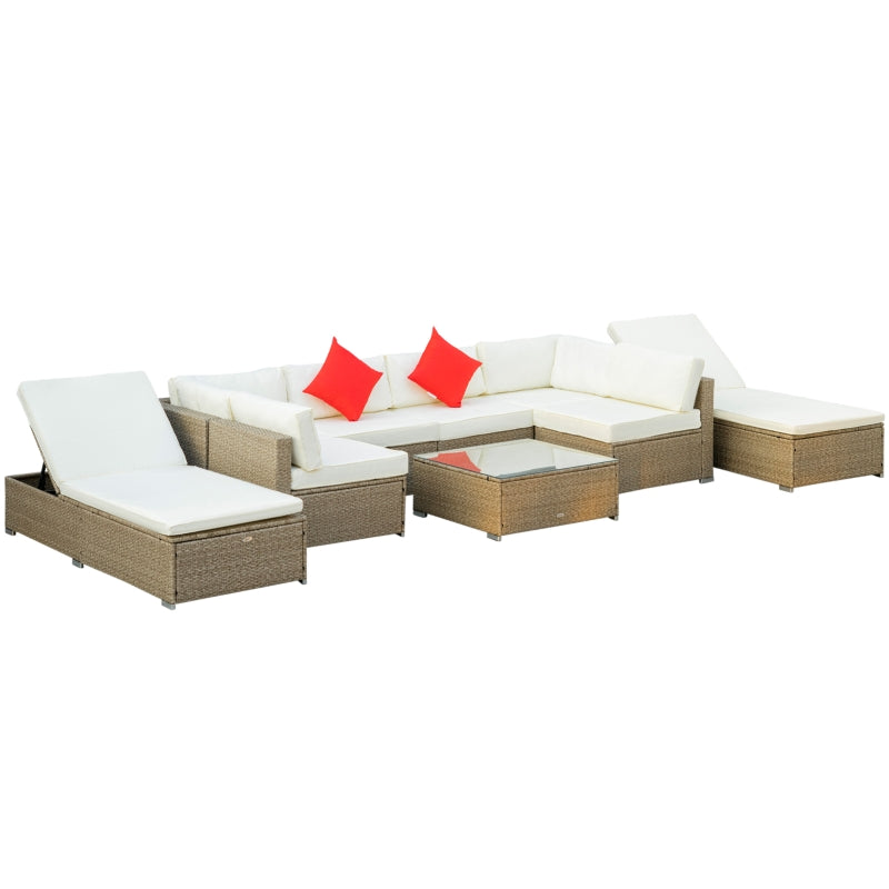 Placid Peak Modular Outdoor Patio Sectional Sofa, Loungers and Table 9pc Set - Cream White / Light Brown