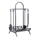 Classic Black Basket and Handle Firewood Rack Log Holder with 4pc Tool Kit - Seasonal Overstock