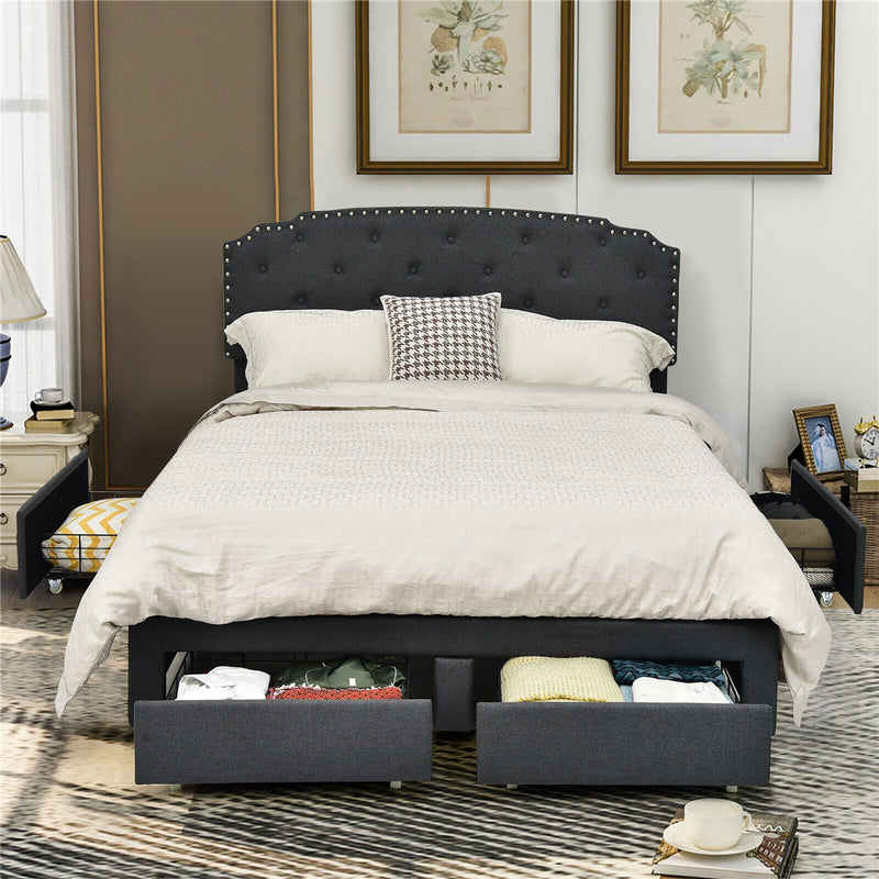 Ciara Queen Size Button Tufted Low Profile Platform Bed with Storage Drawers - Seasonal Overstock