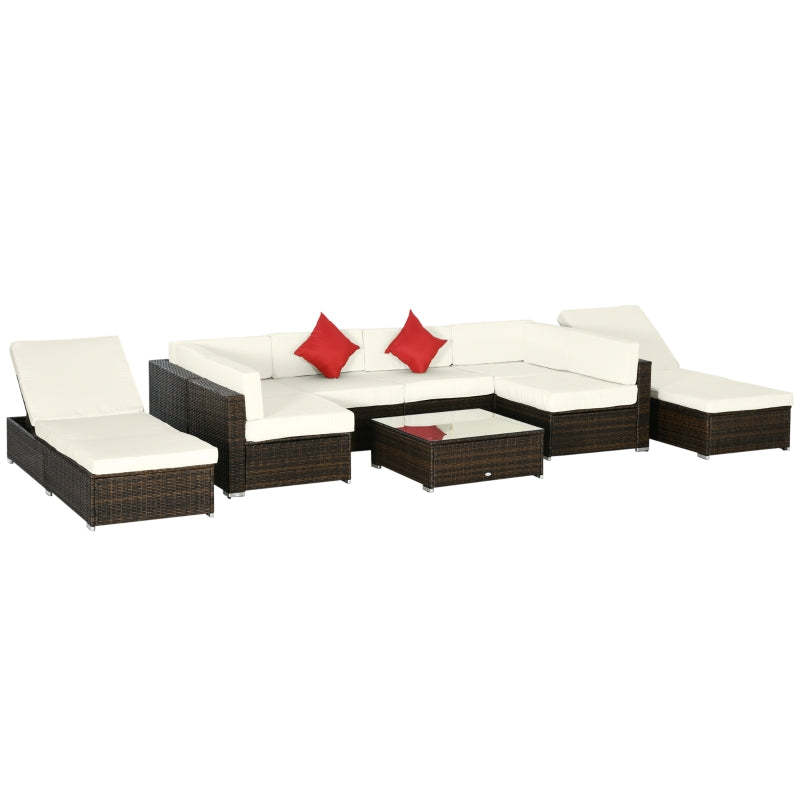 Placid Peak Modular Outdoor Patio Sectional Sofa, Loungers and Table 9pc Set - Cream White / Mixed Brown