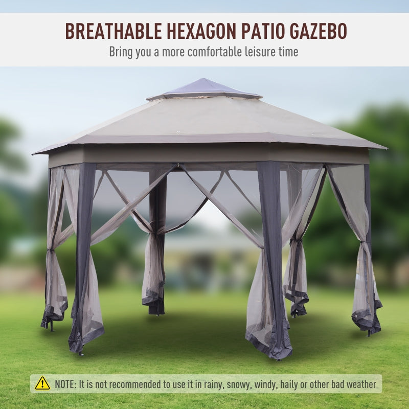 Belvedere 13.3ft Hexagon Pop-Up Portable Gazebo with Mesh Walls - Coffee / Beige - Seasonal Overstock