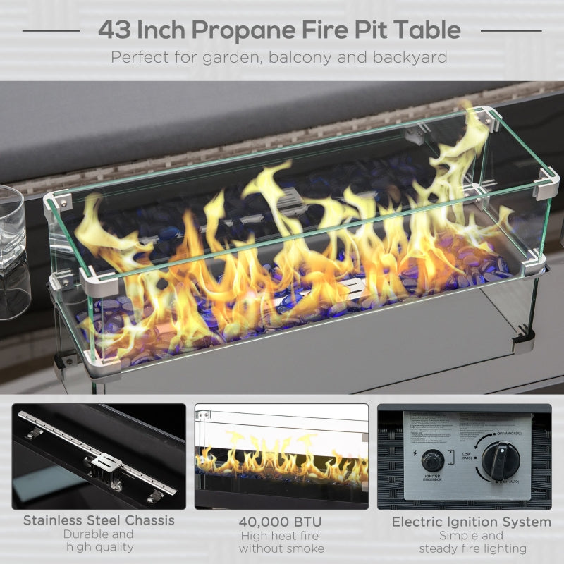 50,000 BTU Propane Fire Table Black Rattan with Glass Cover - Seasonal Overstock