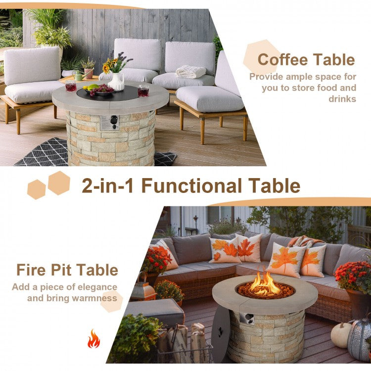 Paras 36" Round Grey Faux Stone LP Fire Table with Lava Rocks and Cover - 50,000 BTU - Seasonal Overstock