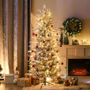 Christmas Trees, 6ft Flocked Pre Lit Skinny Christmas Tree with Auto Open - Seasonal Overstock
