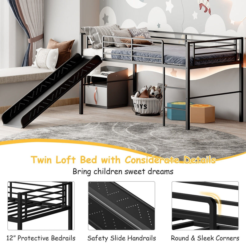 Jaya Twin Size Metal Loft Bed with Slide and Guardrails - Black - Seasonal Overstock