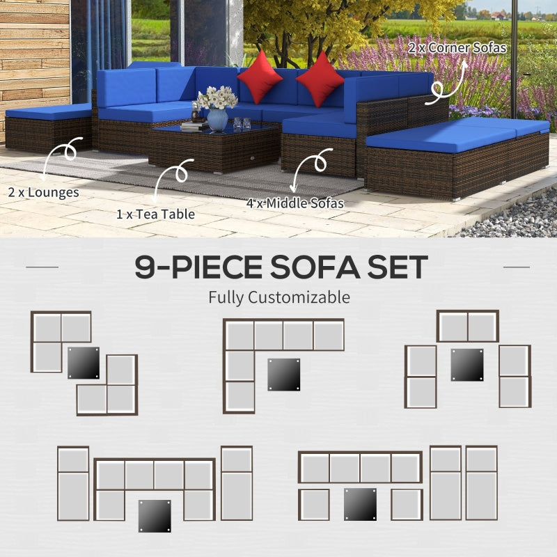 Placid Peak Modular Outdoor Patio Sectional Sofa, Loungers and Table 9pc Set - Navy Blue / Brown