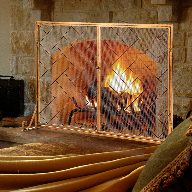45" Gold Wrought Iron Fireplace Screen with 2 Doors - Seasonal Overstock