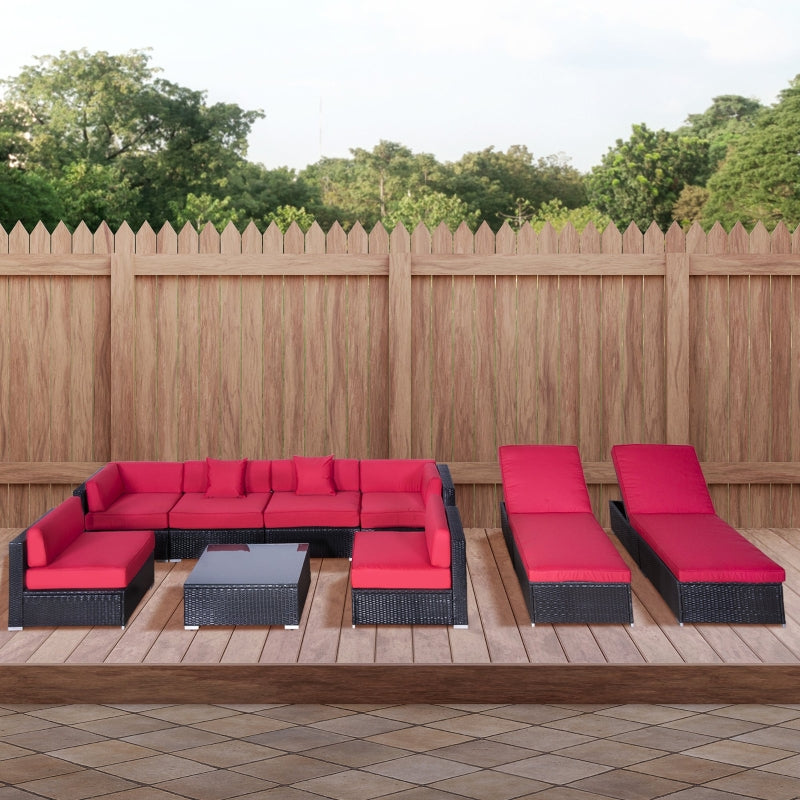 Placid Peak Modular Outdoor Patio Sectional Sofa, Loungers and Table 9pc Set - Red / Dark Brown