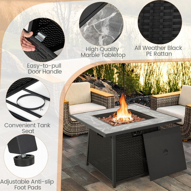 Nuria 35" Square Rattan Wicker Propane Fire Table with Marble Top and Cover - 50,000 BTU - Seasonal Overstock