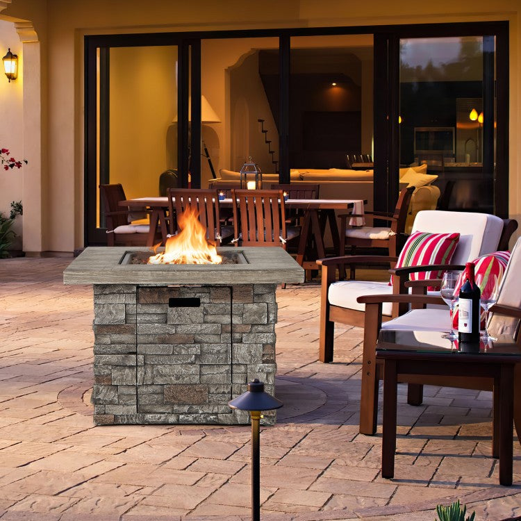 Stanford 34.5" Square Grey Faux Stone LP Fire Table with Lava Rocks and Cover - 50,000 BTU - Seasonal Overstock