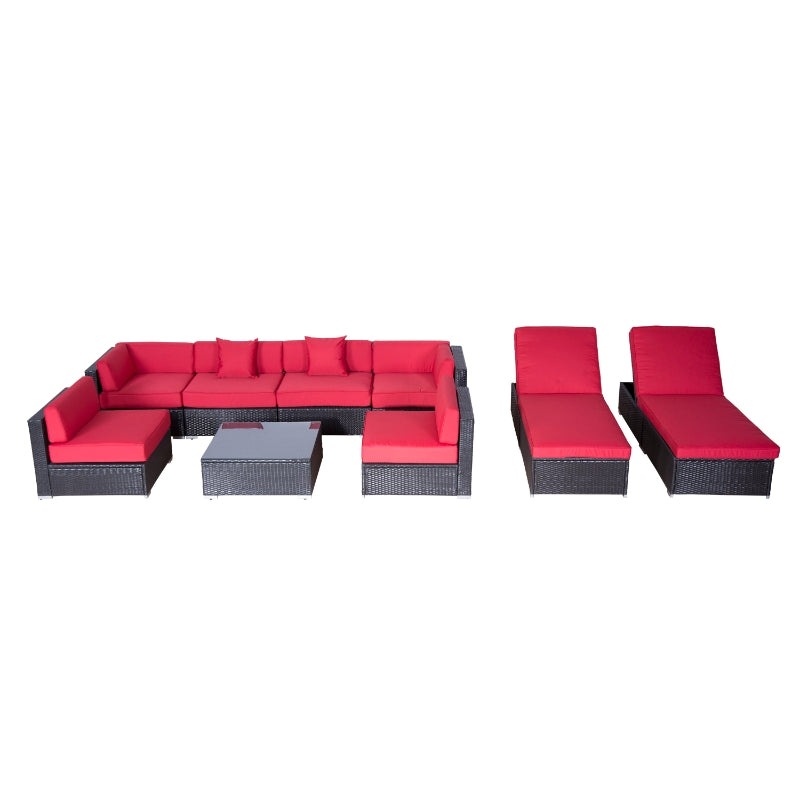 Placid Peak Modular Outdoor Patio Sectional Sofa, Loungers and Table 9pc Set - Red / Dark Brown