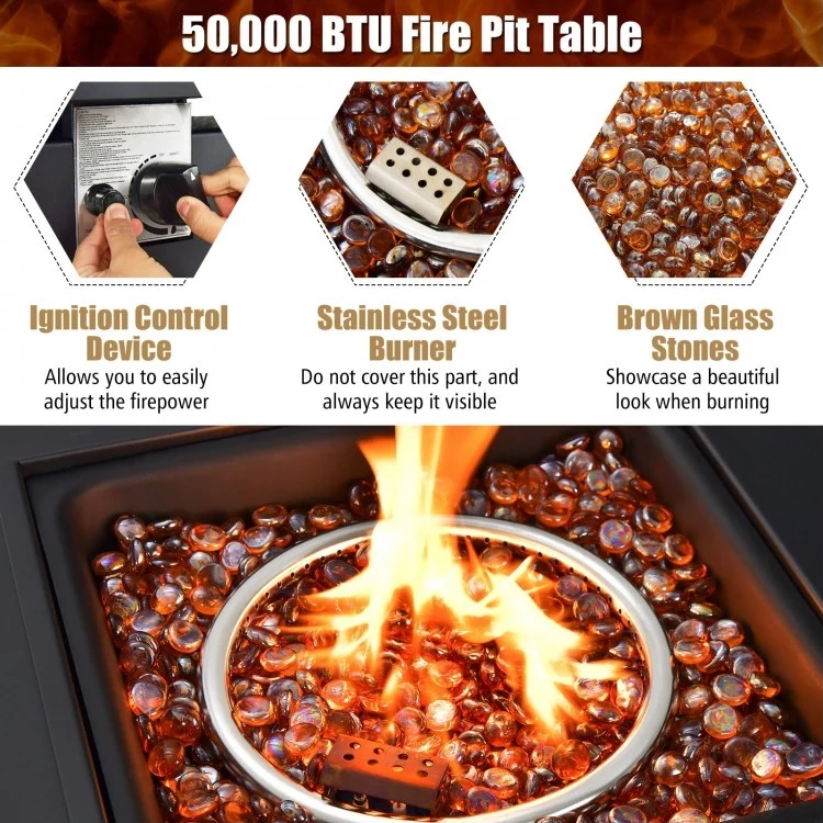 Arpina 50,000 BTU Square Black 32" Fire Table with Glass Stones - Seasonal Overstock
