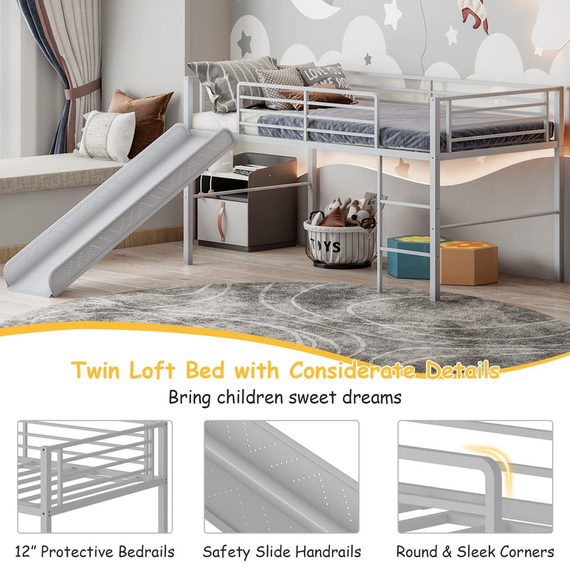 Jaya Twin Size Metal Loft Bed with Slide and Guardrails - Grey - Seasonal Overstock
