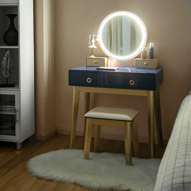 Melvyna Luxury Vanity with LED Mirror - Navy / Gold - Seasonal Overstock